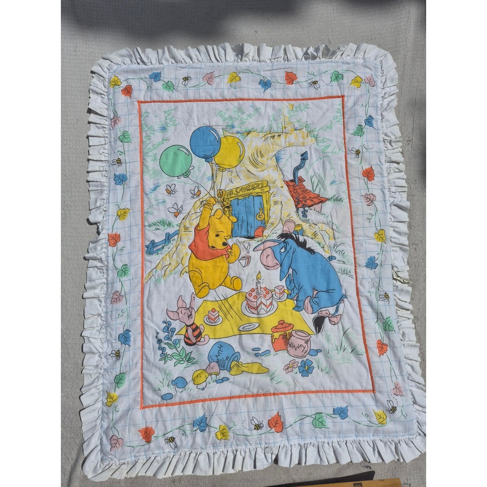 Vintage Sears Winnie the Pooh Baby Blanket Ruffle Quilt Picnic Birthday Disney